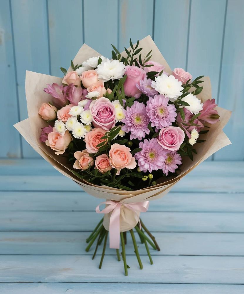 Букет цветов из: Хризантемы, Розы и Альстромерии в Смирных