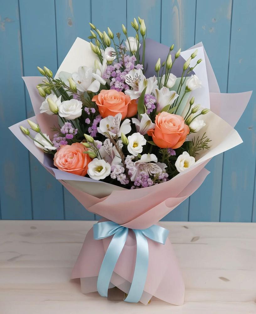 Букет цветов из: Лизиантусы, Розы, Альстромерии и Гипсофила в Смирных