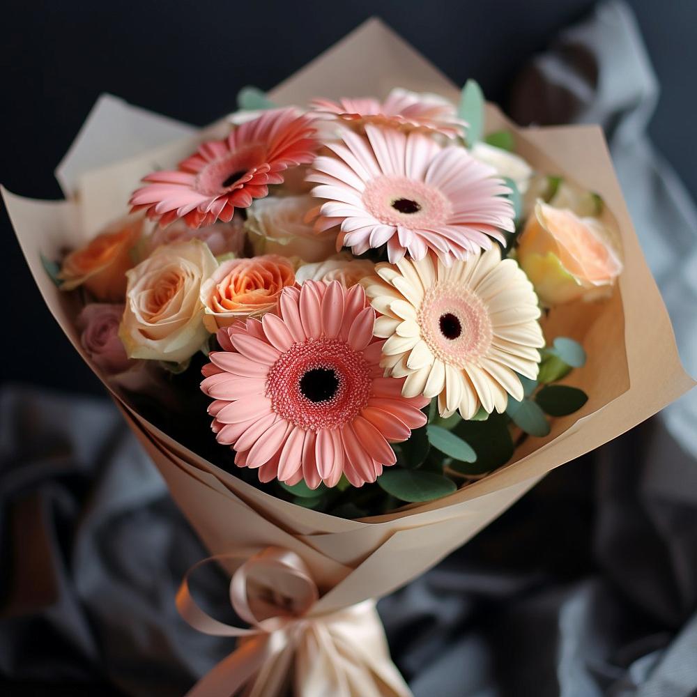 Букет цветов из: Герберы и Розы в Смирных