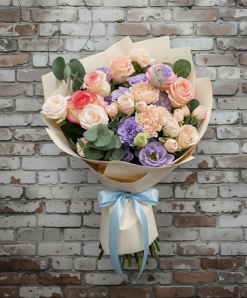 Букет цветов из: Розы, Лизиантусы и Гвоздики в Смирных