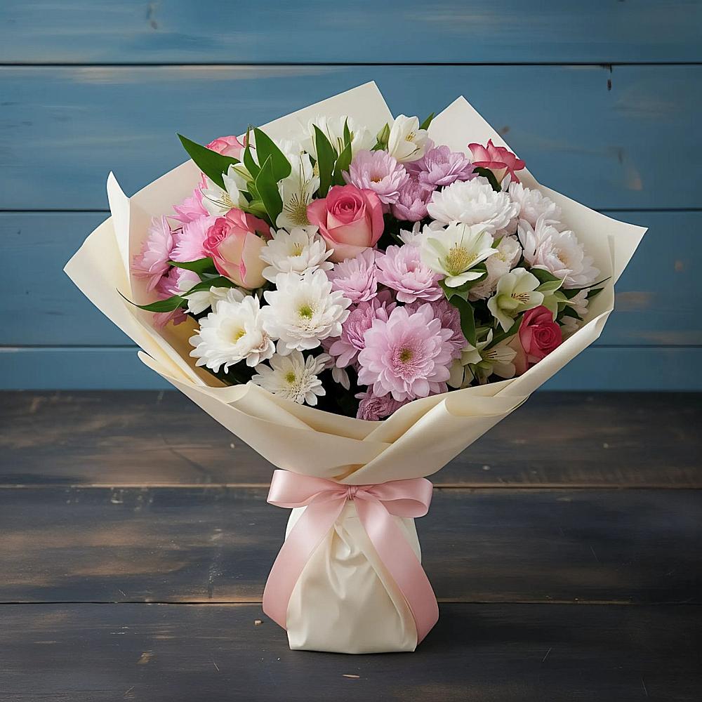 Букет цветов из: Хризантемы, Альстромерии и Розы в Смирных